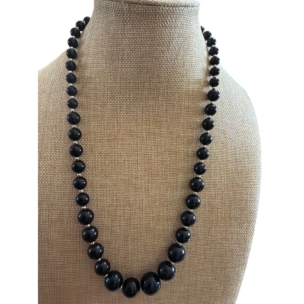 Vintage Black Graduated Bead Necklace Gold Tone Spacers Classy‎ Elegant